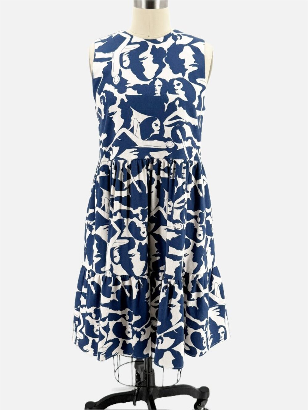 LA DoubleJ Editions Blue Woman Print Mini Tier Sleeveless Cotton Dress NEW S